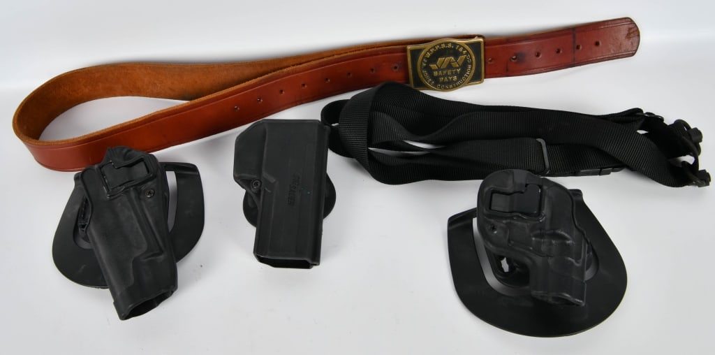 Holsters , Rifle Sling & Leather Belt: Black Hawk Holster For 1911s Left Handed, 1 Black Hawk Holster For Smith & Wesson J-Frames Right Handed, 1 Sig Sauer P250 Right Handed Holster , 1 Nylon Rifle Sling & 1 Adjustable Leather Belt With Be