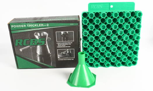 RCBS Powder Trickler 2 & funnel & Case load block: lot contains some real nice new RCBS reloading accessories; one box of the RCBS Powder Trickler -2, height adjustable vase for use with mechanical and digital scales, weight non skid base, extended re