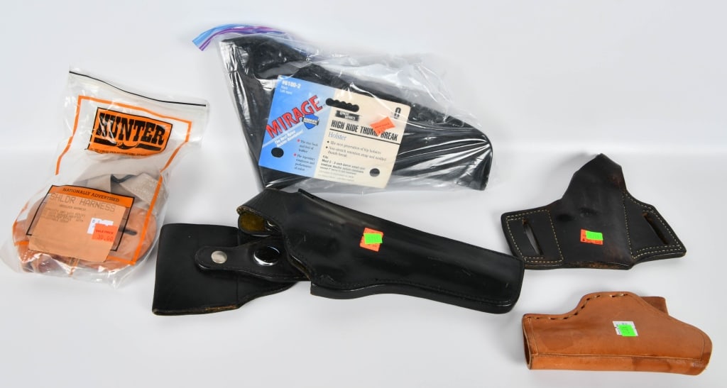 5 Various Style Leather Holsters: 1 Safariland Revolver Holster Right Handed , Uncle Mikes Size 0 High Ride Thumb Break Holster With Hunter Shoulder Harness New In the Package