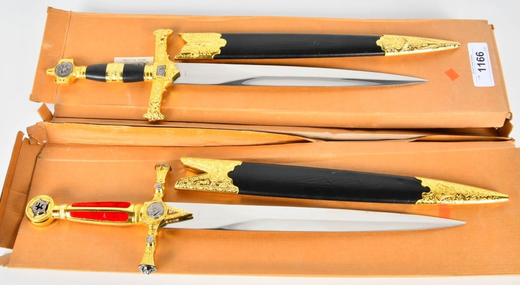 2 New In the Box Medieval Fantasy Short Swords: Both Measure Approx 22" Long Overall One Is Black & Gold Color & 1 Is Red, Black & Gold Color Both Also Come With Sheath