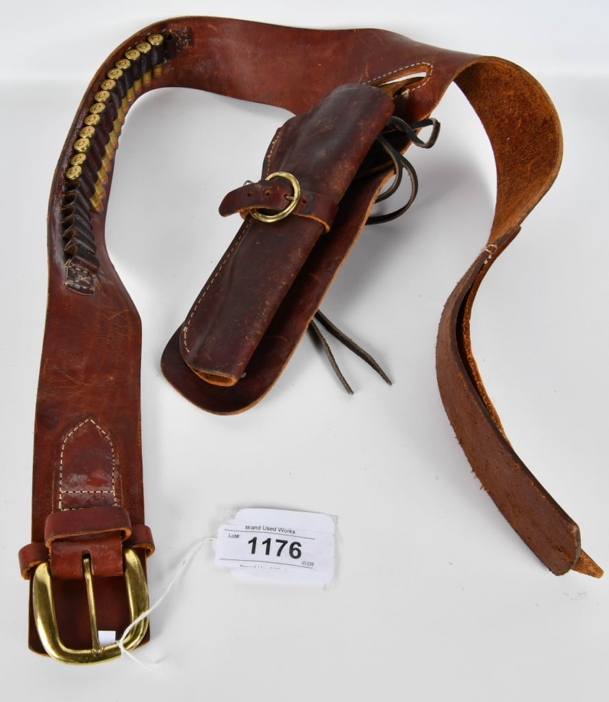 Leather Belt & Holster Combo W/ Ammo: Adjustable Size 44", Tan Leather Belt With Ammo Loops , Comes With 13 Rounds Of .44 Rem Mag Ammunition & Unmarked Leather Holster With A Barrel Length Of 7" Long Approx