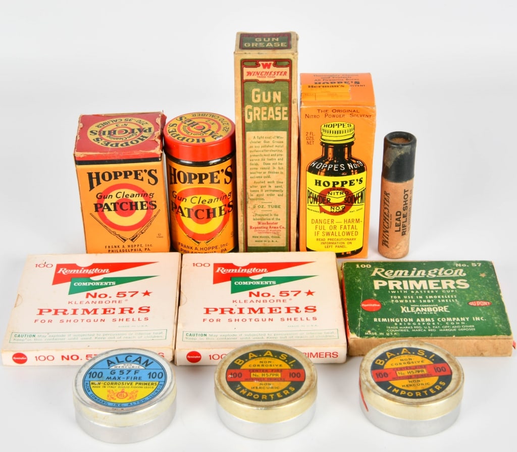Various Collector Gun Accessories: Contains #57 Reloading Primers, Winchester Gun Grease In Original Box, Hopps Powder Solvent In the Original Box, Winchester Lead Shot & More!