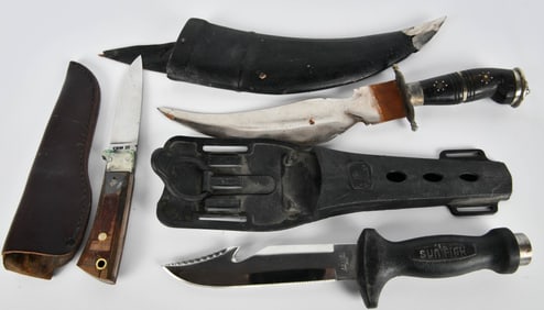 (3) various Knives with sheath see listed
