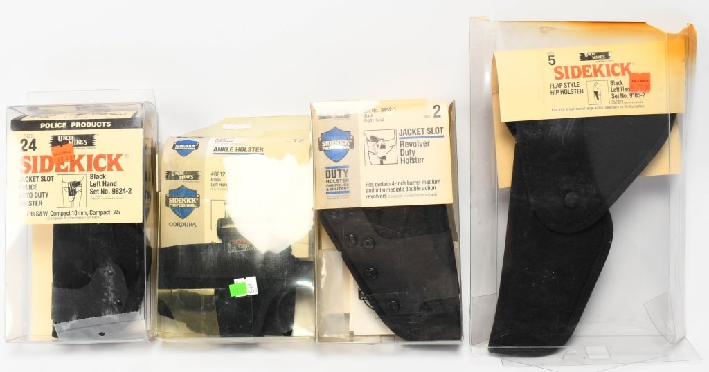 New In the Box Uncle Mikes Holsters: Nylon Material , 1 Ankle Holster Size 12, Revolver Duty Holster Size 2 & Size 24 & 1 Uncle Mikes Size 5 Flap Style Hip Holster
