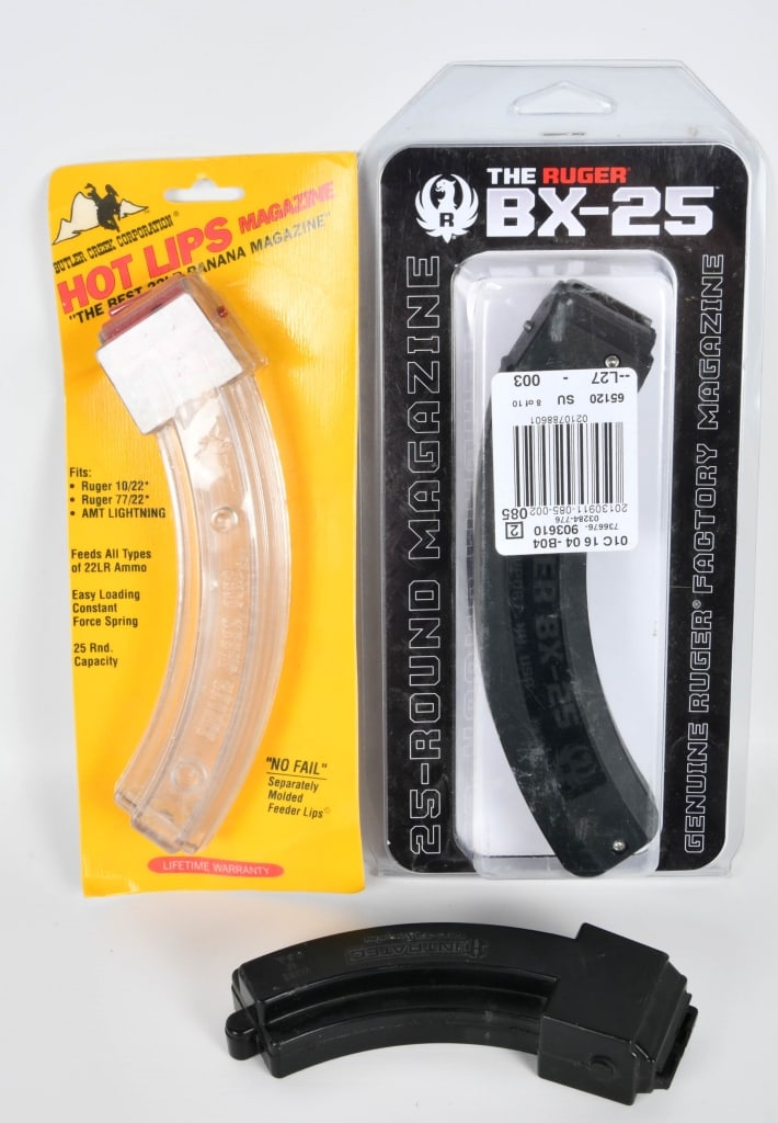 Hot lips, Ruger BX-25, Intratec Tec22: Lot contains three magazines as follows; One New old stock Butler Creek Hot lips Magazine for Ruger 10/22 Ruger 77/22 AMT lightning, this is a 25 round mag with easy loading contact force spring then