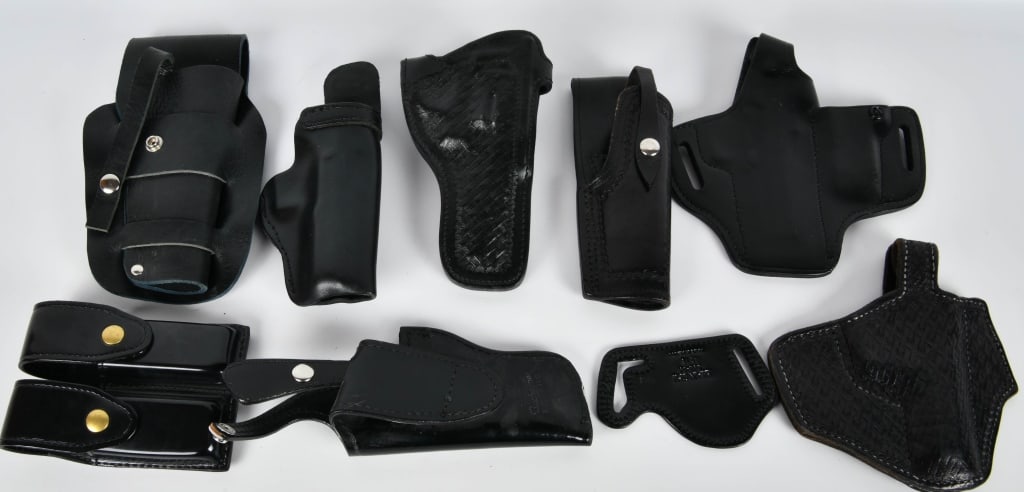 8 Like New Leather Holsters & Pouches: Various Size & Style Black Leather Pistol & Revolver Holsters With 1 Dual Magazine Pouch All Appear in Excellent Condition