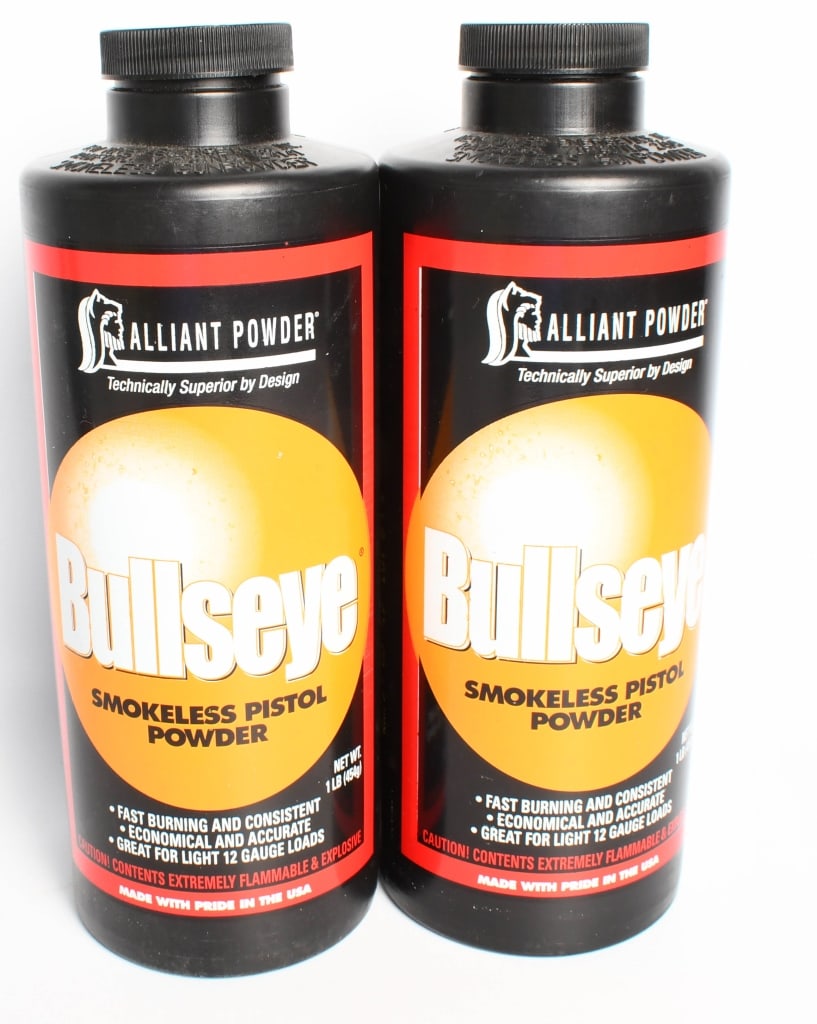(2) 1lb bottles Alliant Bullseye Smokeless Pistol: lot contains (2) 1 pound bottles of Alliant Powder Bullseye Smokeless pistol powder, powder is fast burning and consistent, economical and accurate, great for light 12 gauge loads. Made with Pride in 