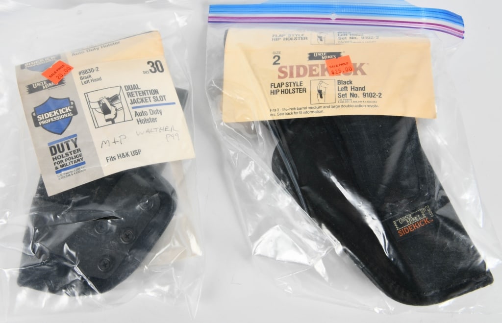 SideKIck size 2 NEW & SIdekick size 30 Holster: lot contains one new Uncle Mike's SIdekick FLap style Hip Holster Black Left Hand set # 9102-2 fits 3-4.5" barrel medium and large double action revolvers. new in the package size 2 then we have a Unc