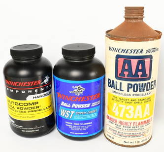 Winchester Autocomp, Ball powder & AA Ball powder: lot contains three containers of the Smokeless propellant as listed, these come as pre owned bottles with current weight listed; Winchester Component Handgun AUTOCOMP ball powder, smokeless propellant