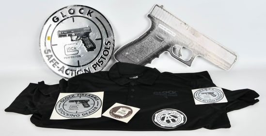 Glock Lot w/shirt, stickers, and tin wall pictures