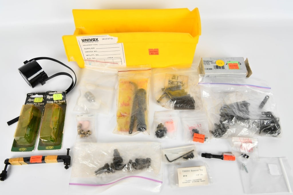 Misc Gunsmithing parts; screws breech plugs scope: lot contains misc gunsmithing parts; Breech plug KJ06705A, black powder replacement nipples, a baggie of bipod leg springs, 20 Ga win choke, full & Imp, one set of riflescope lens cover,Burris scope m