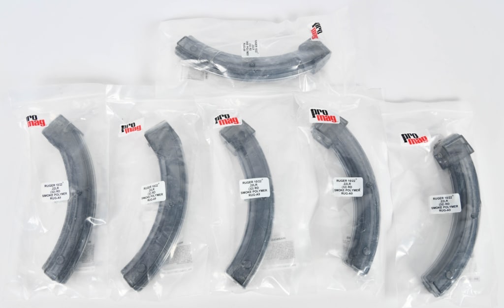 (6) Pro Mag 10/22 .22 LR 32 rd Smoke Polymer Mags: New in the package (6) ProMag Ruger 10/22 32rd 22 LR Smoke - 22 Long Rifle Caliber | 32 Rounds | Aftermarket Origin | Ruger Model- A magazine for the Ruger 10/22* firearms chambered in .22lr. Features