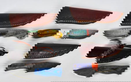 (4) Various Damascus Fixed Blade Knives