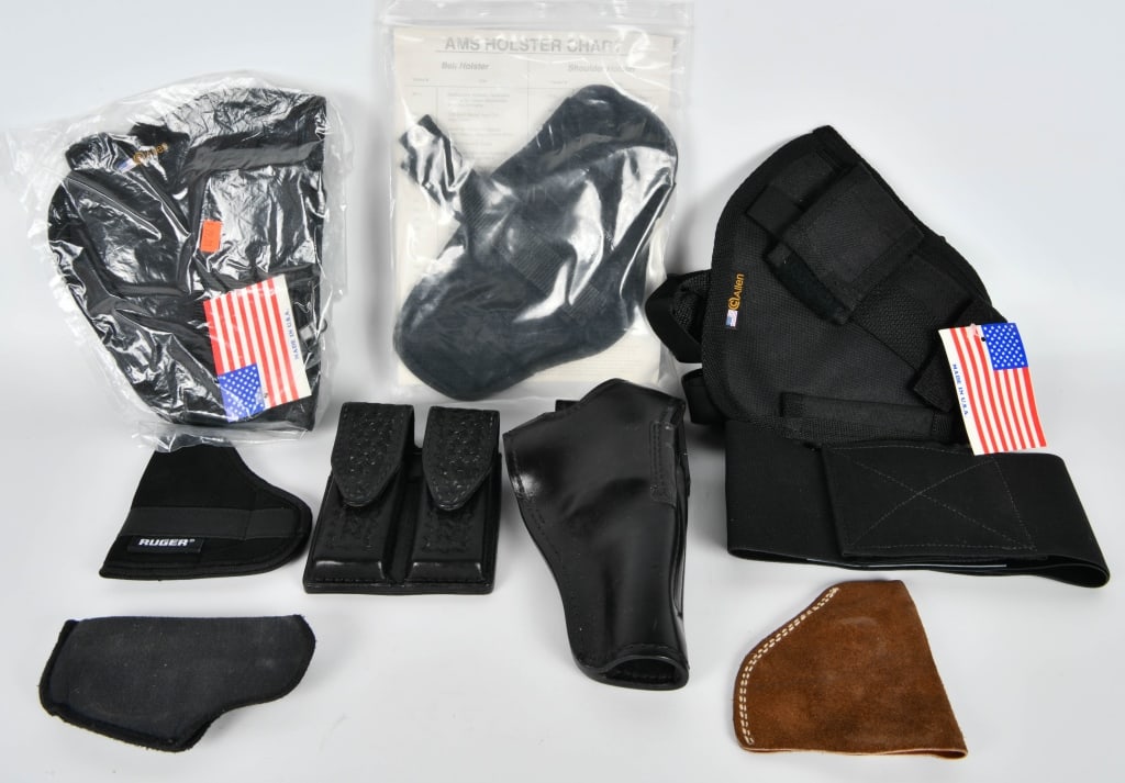 9 Various Size Holsters & Mag Pouch: 1 Smith & Wesson B30 34 Leather Holster Right Handed Leather Magazine Pouch, 2 new in the Package Allen Check Rigs, 1 AMS Holster & More !