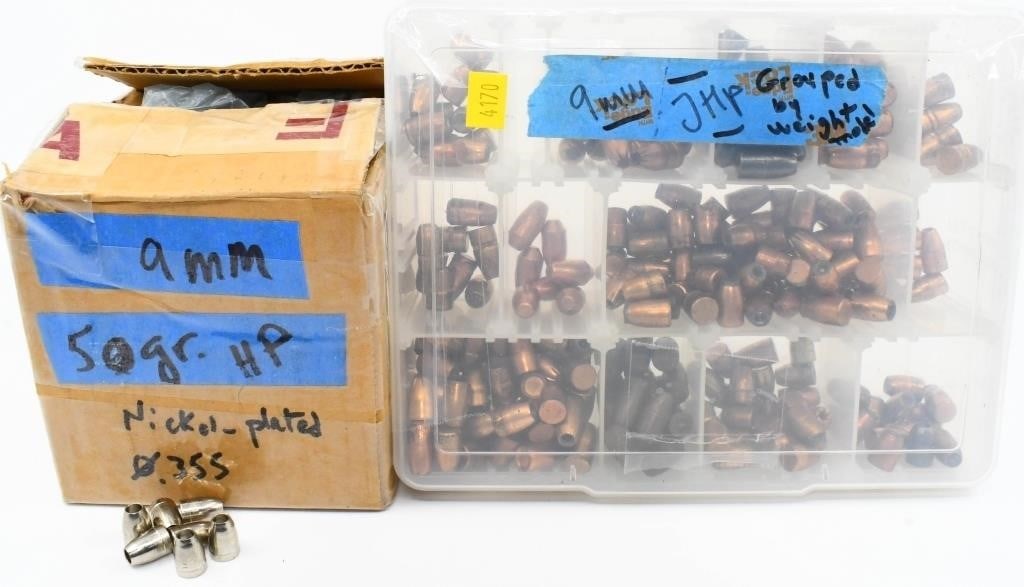Lot of Various Type 9mm Reloading Bullet Tips: 50 Grain Nickel Plated Hollow Points, & Various Other Jacketed Hollow Point Bullet Tips For Reloading