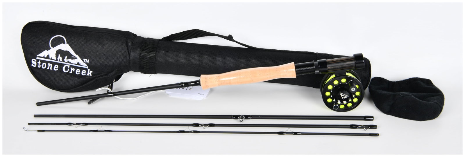 Stone Creek Mini Rod Fly Fishing Rod and TS? Reel Kit: A modern Stone Creek fly fishing rod and reel kit. The set features a black four-piece "Mini Rod" measuring 6 feet (6') in length, specified for a No. 4 line (model 604-4), and equipped with a cork ha