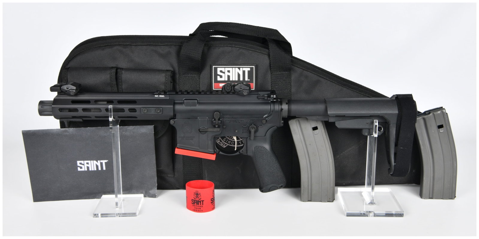 Springfield Armory Saint Victor AR Pistol, 5.56 NATO, with Brace: A Springfield Armory Saint Victor AR Pistol, chambered in 5.56 NATO. This modern black tactical firearm features black metal and polymer construction. Visible markings identify it as a "SAINT VICTOR" 