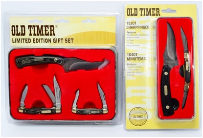Two Schrade Old Timer Limited Edition Knife Sets, including a 3-Knife Gift Set (Model 1130040) and a