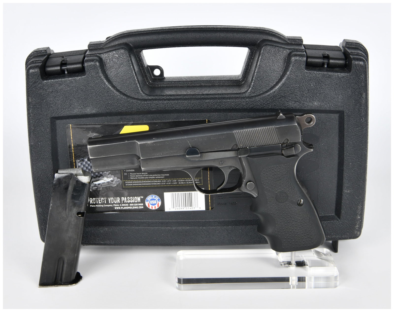 FN Browning Hi-Power 9mmP Semi-Automatic Pistol, Serial No. 59630, with Two Magazines and Case: A blued steel FN Browning Hi-Power semi-automatic pistol. The slide is marked "FABRIQUE NATIONALE D'ARMES DE GUERRE HERSTAL BELGIQUE" and "BROWNING'S PATENT DEPOSE". The barrel is marked "CAL. 9mmP". 