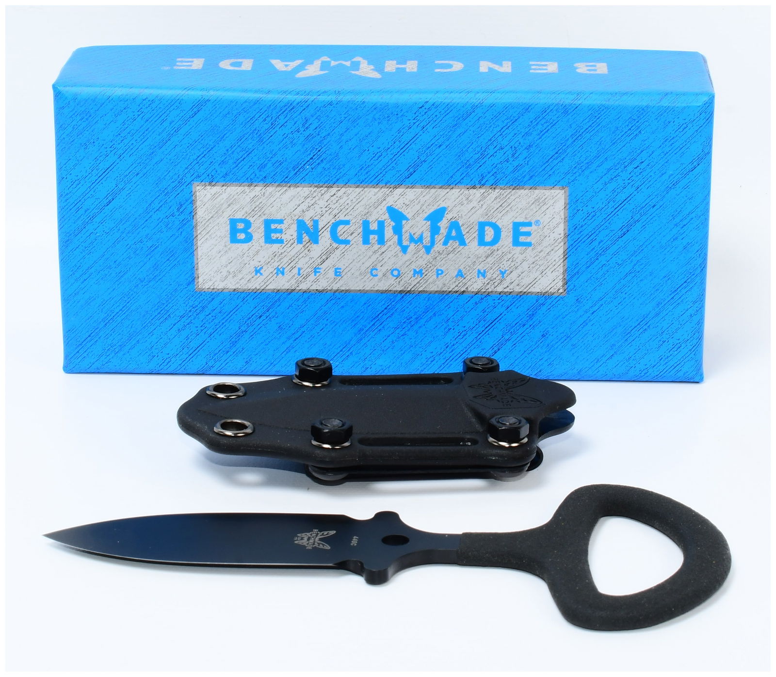 A Benchmade Black-Finished Fixed-Blade Push Dagger Knife: A Benchmade black-finished fixed-blade push dagger knife, featuring a double-edged blade clearly marked "BENCHMADE" with the butterfly logo and "440C". The knife is designed with an integrated ring ha