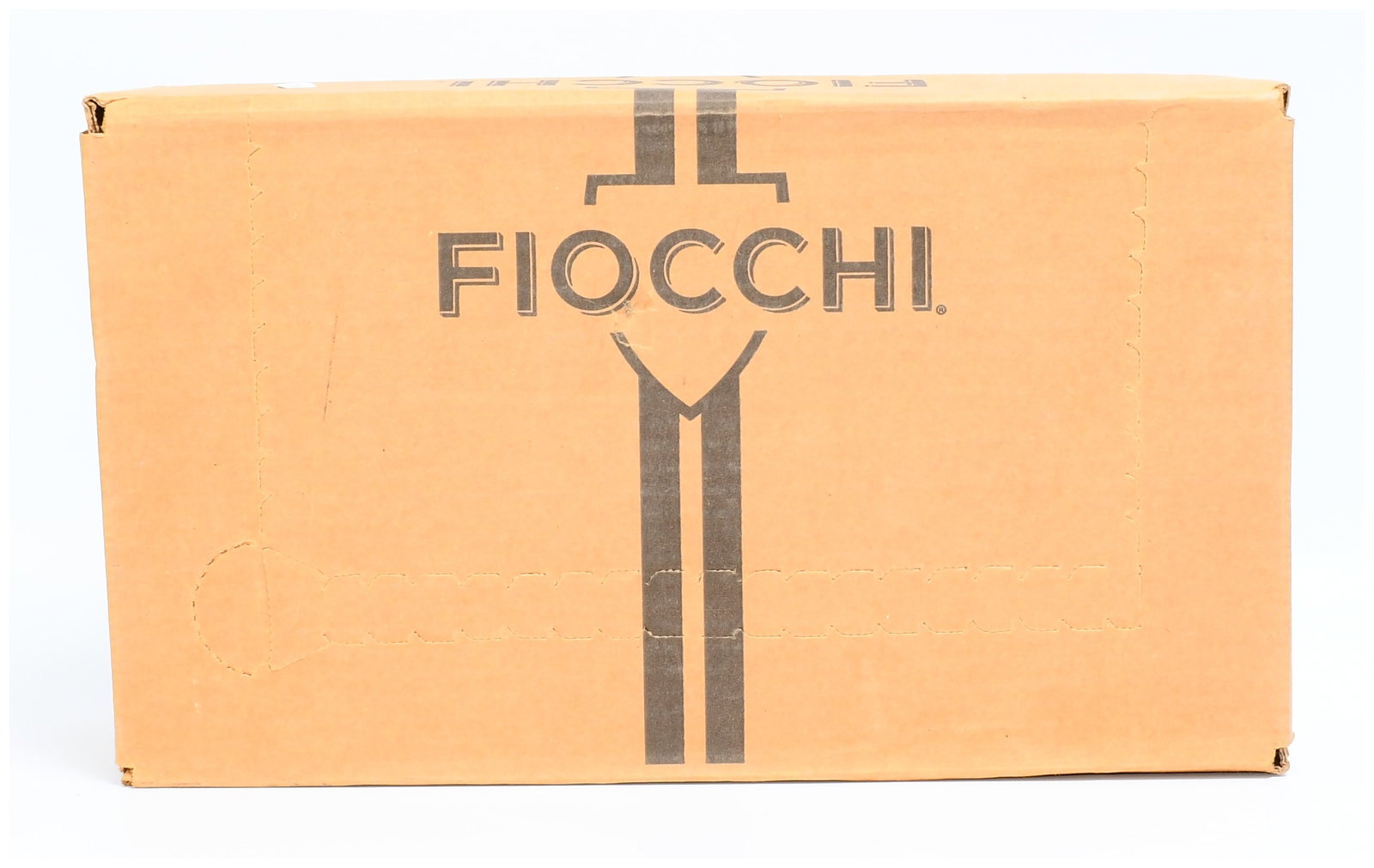 FIOCCHI 250 Rounds 16 Gauge 2 3/4" Game & Target Ammunition: A modern corrugated cardboard shipping box containing 250 rounds of FIOCCHI 16 Gauge, 2 3/4" Game & Target ammunition. The box features the 'FIOCCHI' brand name prominently in dark ink on its main fac
