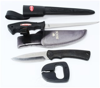 A Buck Knives 679 BuckLite MAX Large Guthook Fixed Blade Knife, a Berkley Fillet Knife, and an