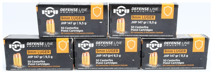 250 Rounds PPU Defense Line 9mm Luger 147gr JHP Ammunition