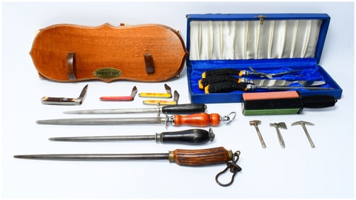 A Collection of Pocket Knives, Sharpening Steels, and a Cased Carving Set, including Coca-Cola