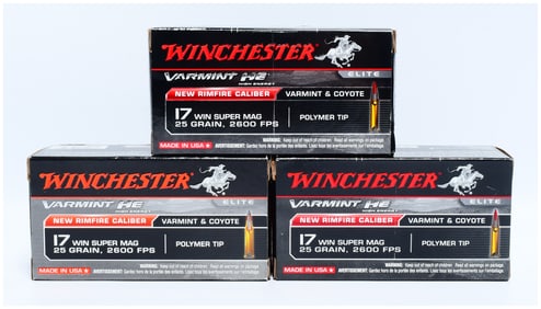 Three Boxes Winchester Varmint HE Elite .17 Winchester Super Magnum (WSM) 25 Grain Polymer Tip