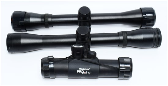 Three Modern Optical Sighting Devices: A Tasco Red Dot Sight and Two Gamo Rifle Scopes
