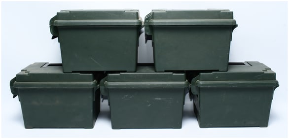 A Group of Five MTM-Style Dark Green Plastic Utility/Ammo Boxes