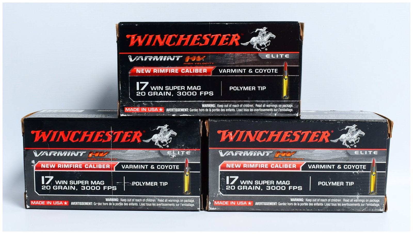 Winchester Varmint HV 17 Win Super Mag 20 Grain Polymer Tip Rimfire Ammunition, 150 Rounds: This lot comprises three identical modern cardboard boxes of Winchester Varmint HV High Velocity Elite .17 Win Super Mag rimfire ammunition. Each box contains 50 cartridges, totaling 150 rounds. The c