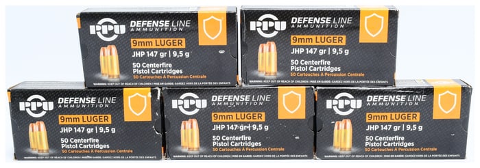 250 Rounds Prvi PPU Defense Line 9mm Luger 147 gr JHP Centerfire Pistol Cartridges