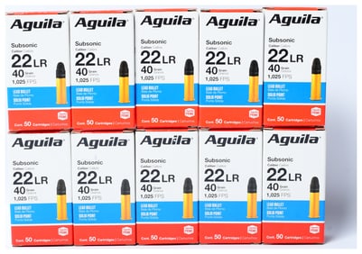 Aguila Subsonic .22LR 40 Grain Lead Bullet Solid Point Ammunition, 500 Rounds
