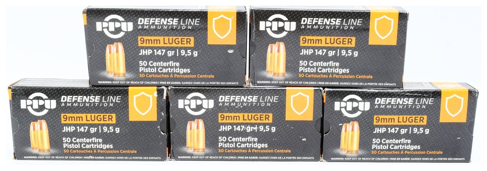 250 Rounds Prvi Partizan PPU Defense Line 9mm Luger 147 Grain JHP Ammunition: A lot of 250 Rounds of Prvi Partizan (PPU) Defense Line 9mm Luger 147 Grain (9,5 g) Jacketed Hollow Point (JHP) Centerfire Pistol Ammunition. This lot comprises six new, modern cardboard boxes, each l