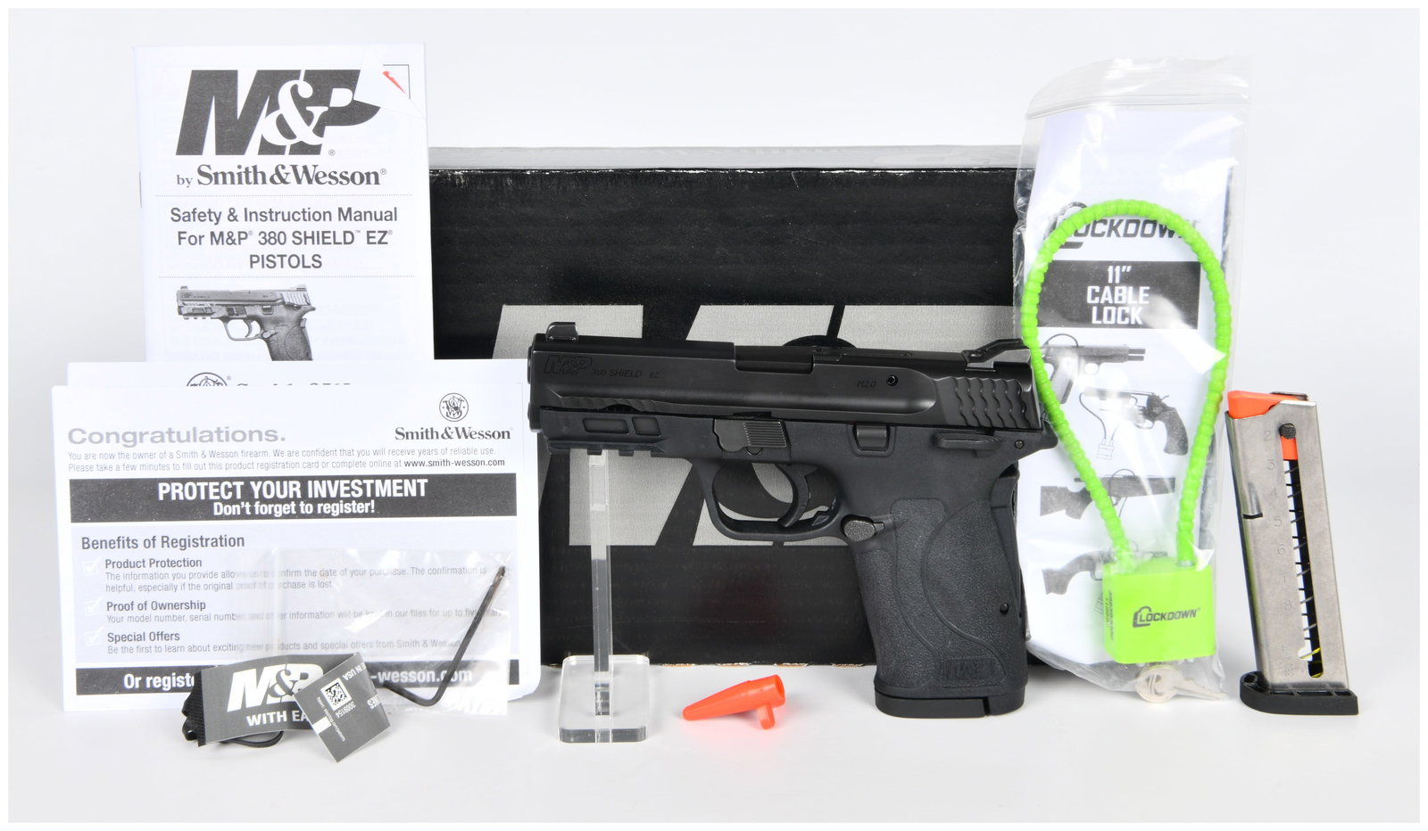 Smith & Wesson M&P 380 Shield EZ M2.0 Semi-Automatic Pistol with Thumb Safety, .380 AUTO, Serial No.: A modern Smith & Wesson M&P 380 Shield EZ M2.0 semi-automatic pistol with thumb safety, chambered in .380 AUTO, serial number NKA6778. The pistol features a black polymer frame with textured grip and