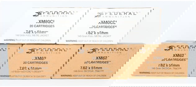 Federal 7.62x51mm Ammunition: XM80CL FMJ and XM62 Tactical Tracer, 100 Rounds Total