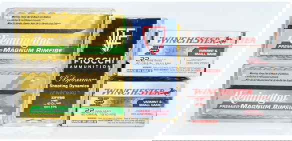 224 Rounds of .22 Winchester Magnum Rimfire Ammunition by Fiocchi, Remington, and Winchester