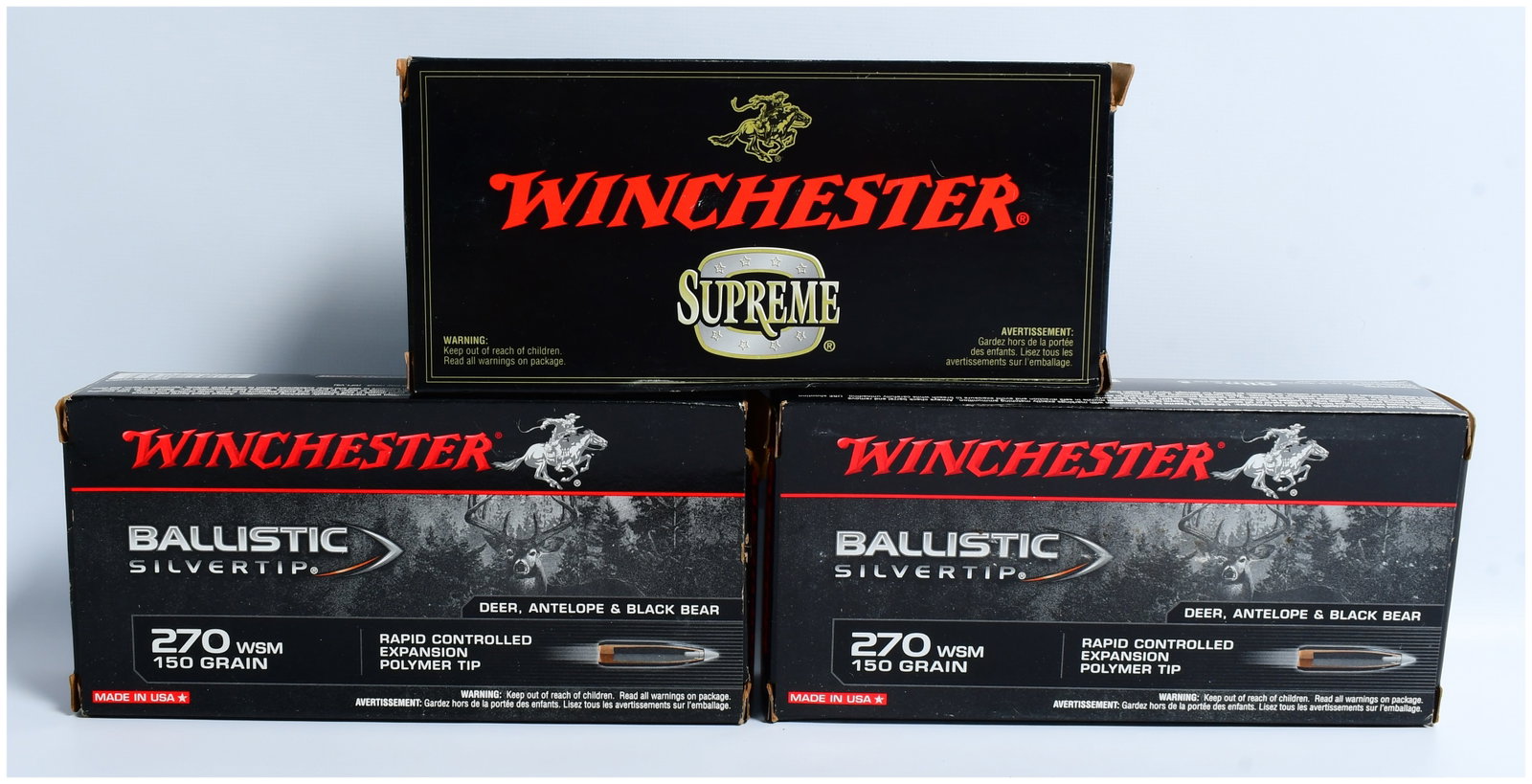 60 Rounds Winchester Ballistic Silvertip .270 WSM 150 Grain Rifle Ammunition: A lot of sixty (60) rounds of Winchester .270 WSM 150 grain rifle ammunition. This lot comprises three factory boxes, two of which are specifically marked "BALLISTIC SILVERTIP " in .270 WSM, 150 grain