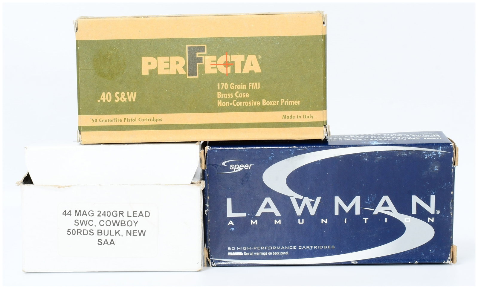 A Lot of 150 Rounds of Modern Handgun Ammunition: Speer Lawman .357 SIG, Perfecto .40 S&W, and .44: This lot comprises 150 rounds of modern handgun ammunition, specifically 50 rounds of .40 S&W, 50 rounds of .357 SIG, and 50 rounds of .44 MAG. The .357 SIG cartridges are Speer Lawman 125 Grain TMJ, 