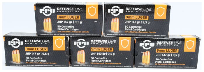 Prvi Partizan PPU Defense Line 9mm Luger 147 Grain Jacketed Hollow Point (JHP) Ammunition, 250