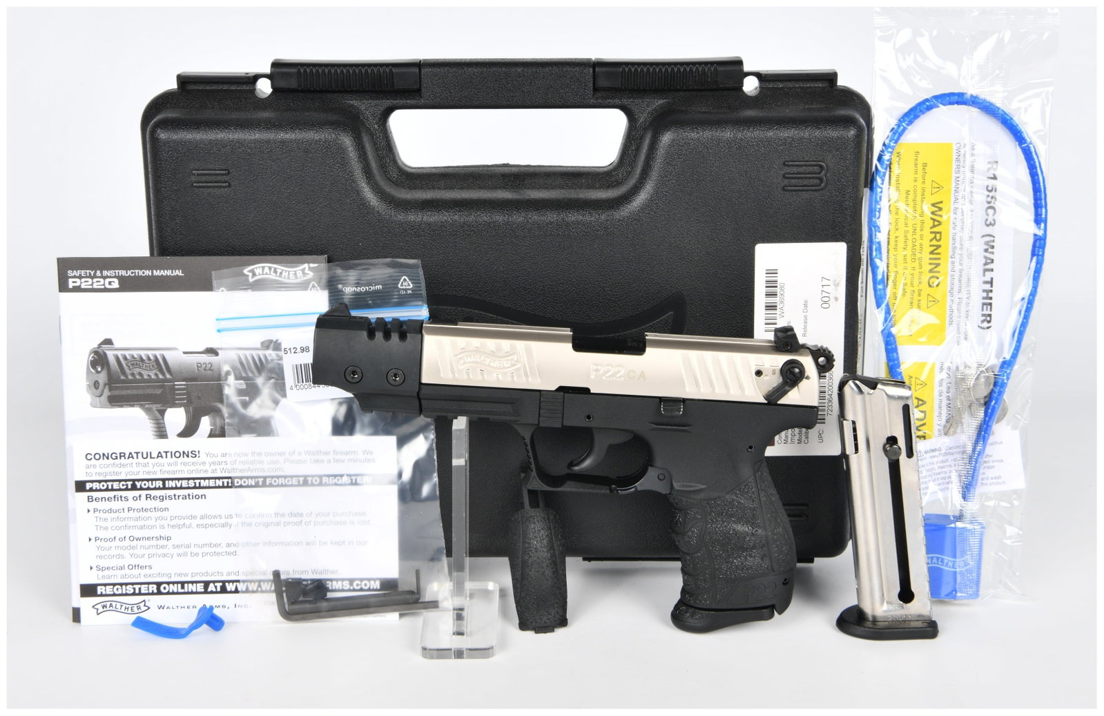 Walther P22 CA Target .22 LR Semi-Automatic Pistol, 5" Barrel, Two-Tone: A modern Walther P22 CA Target semi-automatic pistol, chambered in .22 LR. The pistol features a two-tone aesthetic with a black polymer frame and a silver-colored metal slide, complemented by an exte