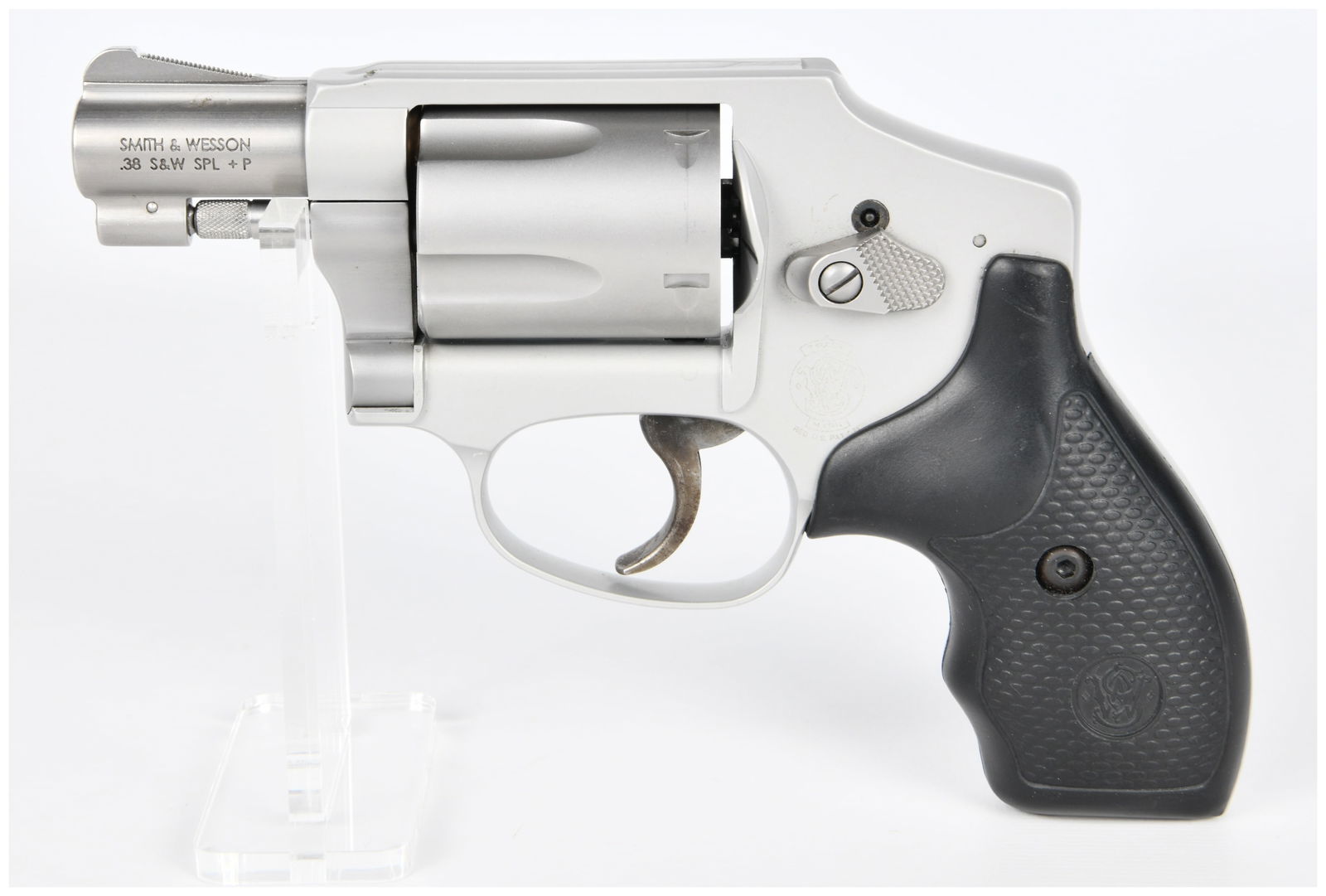 Smith & Wesson Model 642-2 Airweight .38 S&W SPL + P Revolver: A modern Smith & Wesson Model 642-2 "Airweight" revolver chambered in .38 S&W SPL + P. The revolver features a silver-colored metallic frame, likely an aluminum alloy given the "Airweight" designation