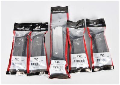A Group of Five Springfield Armory XD Magazines, Four 9mm 10-Round and One .45 ACP 10-Round