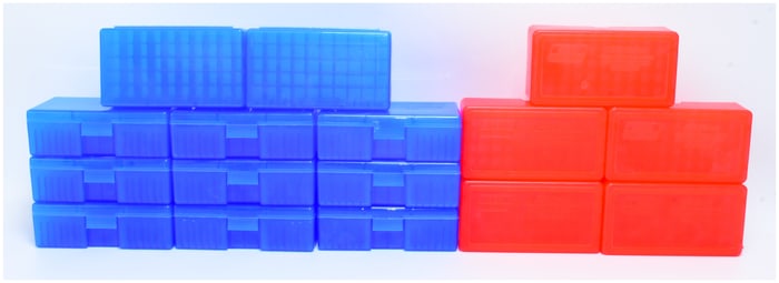 Sixteen MTM CASE-GARD 50-Round Rifle Ammo Boxes, Blue and Red