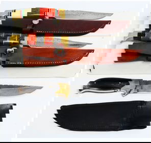 Three Modern Fixed-Blade Damascus Steel Hunting Knives with Segmented Wood and Horn Handles