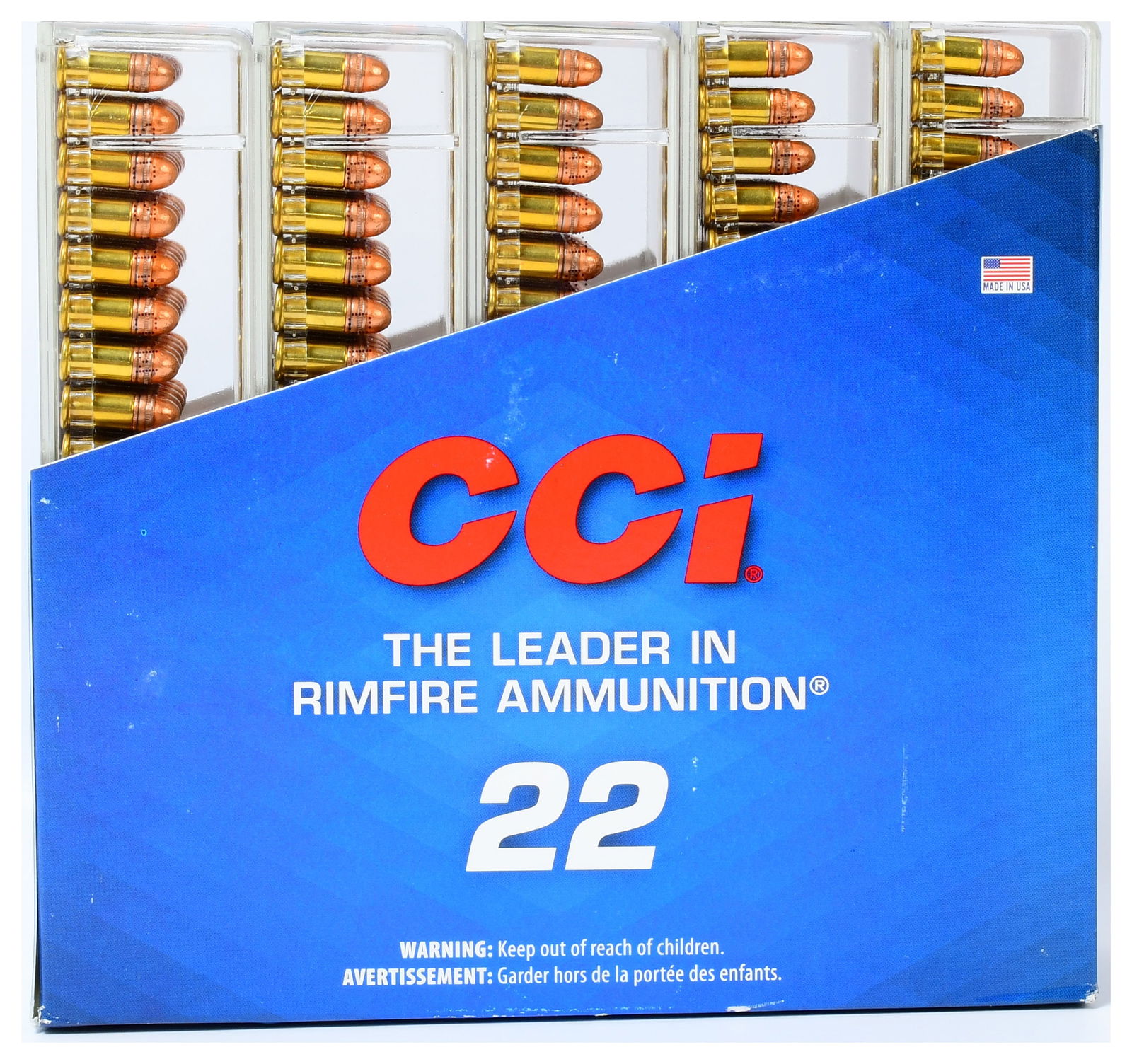 500 Rounds CCI .22 Short 29 Grain Copper-Plated Round Nose Ammunition: A commercially packaged quantity of 500 rounds of new, unused CCI brand .22 Short rimfire ammunition. The lot comprises five clear plastic boxes, each containing 100 copper-plated round nose cartridge