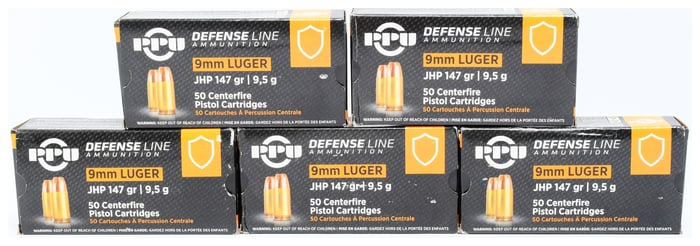 PPU Defense 9mm Luger 147 Grain Jacketed Hollow Point Ammunition PPD92, 250 Rounds