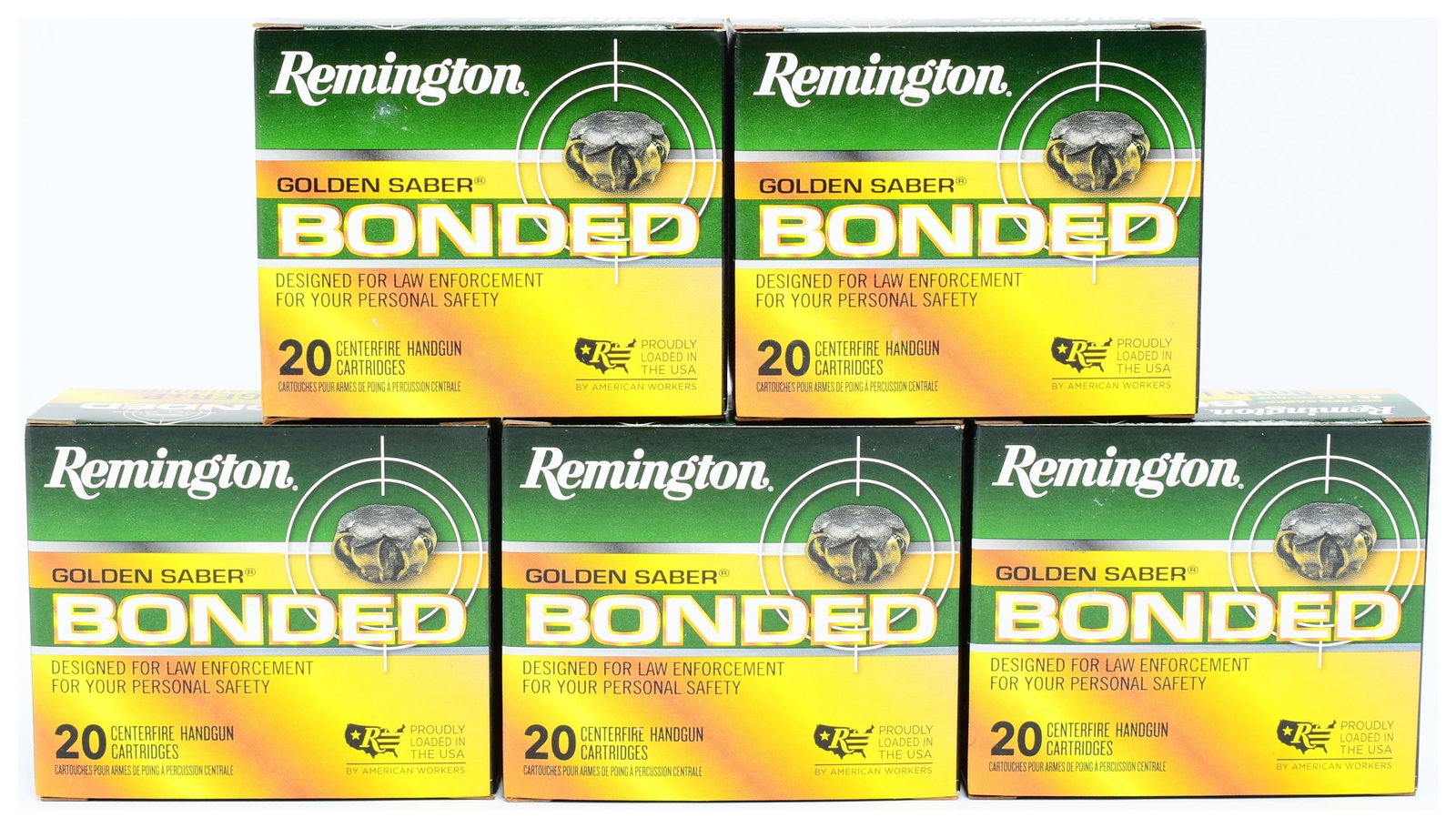 Five Boxes Remington Golden Saber Bonded 9mm Luger +P 124 Grain BJHP Ammunition, 100 Rounds: This lot comprises five new, unopened boxes of Remington Golden Saber BONDED 9mm LUGER +P, 124 GR. BJHP (Bonded Jacketed Hollow Point) centerfire handgun cartridges, totaling 100 rounds. The modern-st
