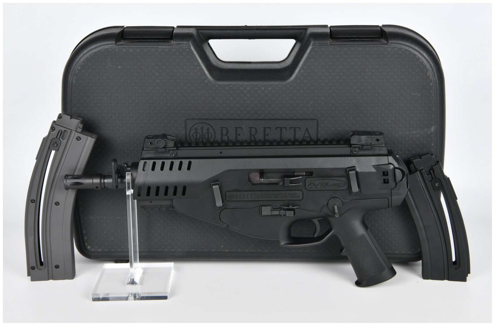 Beretta ARX 160 .22 L.R. HV Pistol with Case and Magazines: A Beretta ARX 160 Pistol, chambered in .22 L.R. HV. This modern, black-finished pistol features a polymer receiver and metal components. Visible markings include BERETTA branding with the triple-arrow